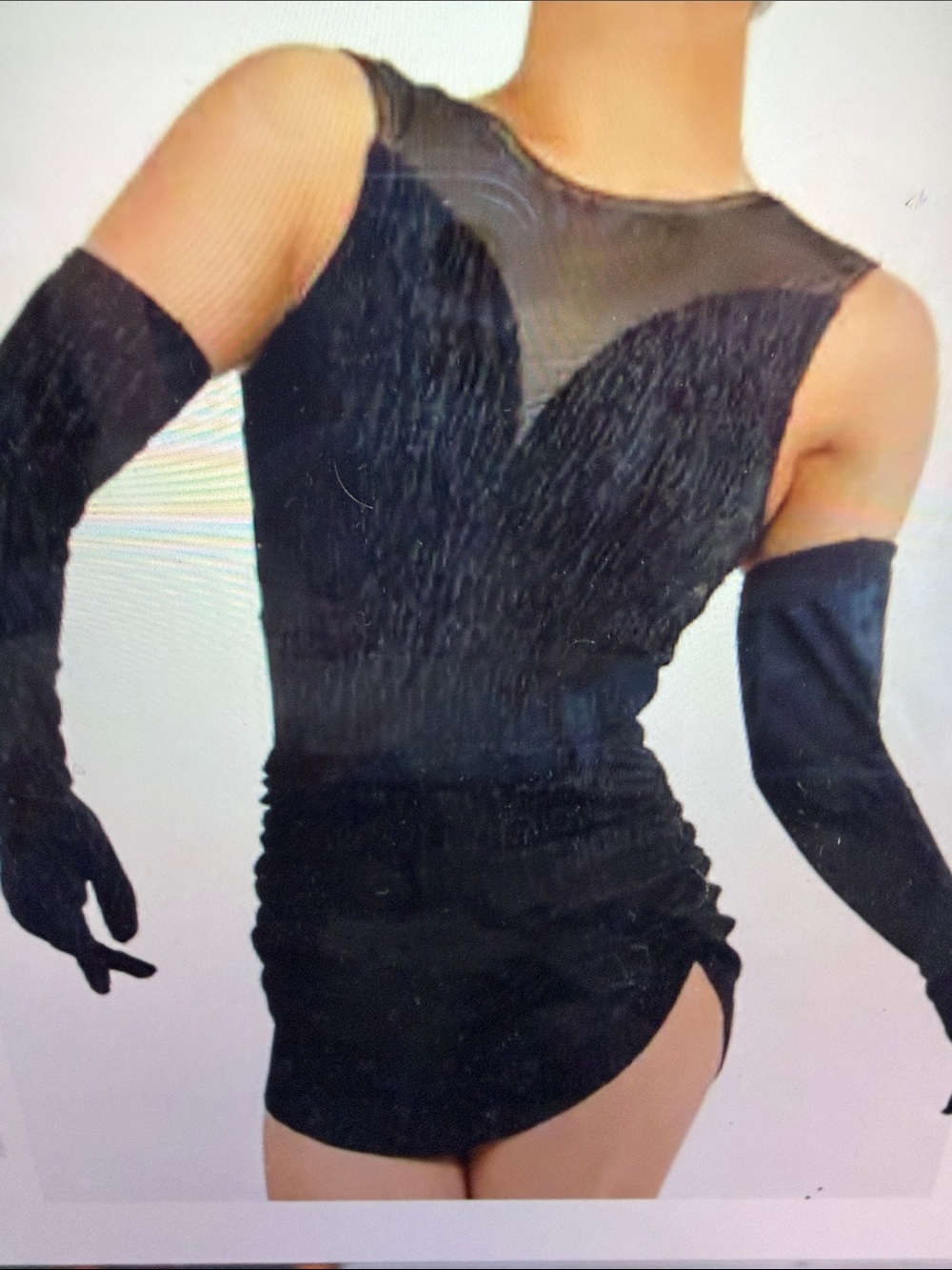 Weissman Black Mesh Bodysuit with Long Gloves